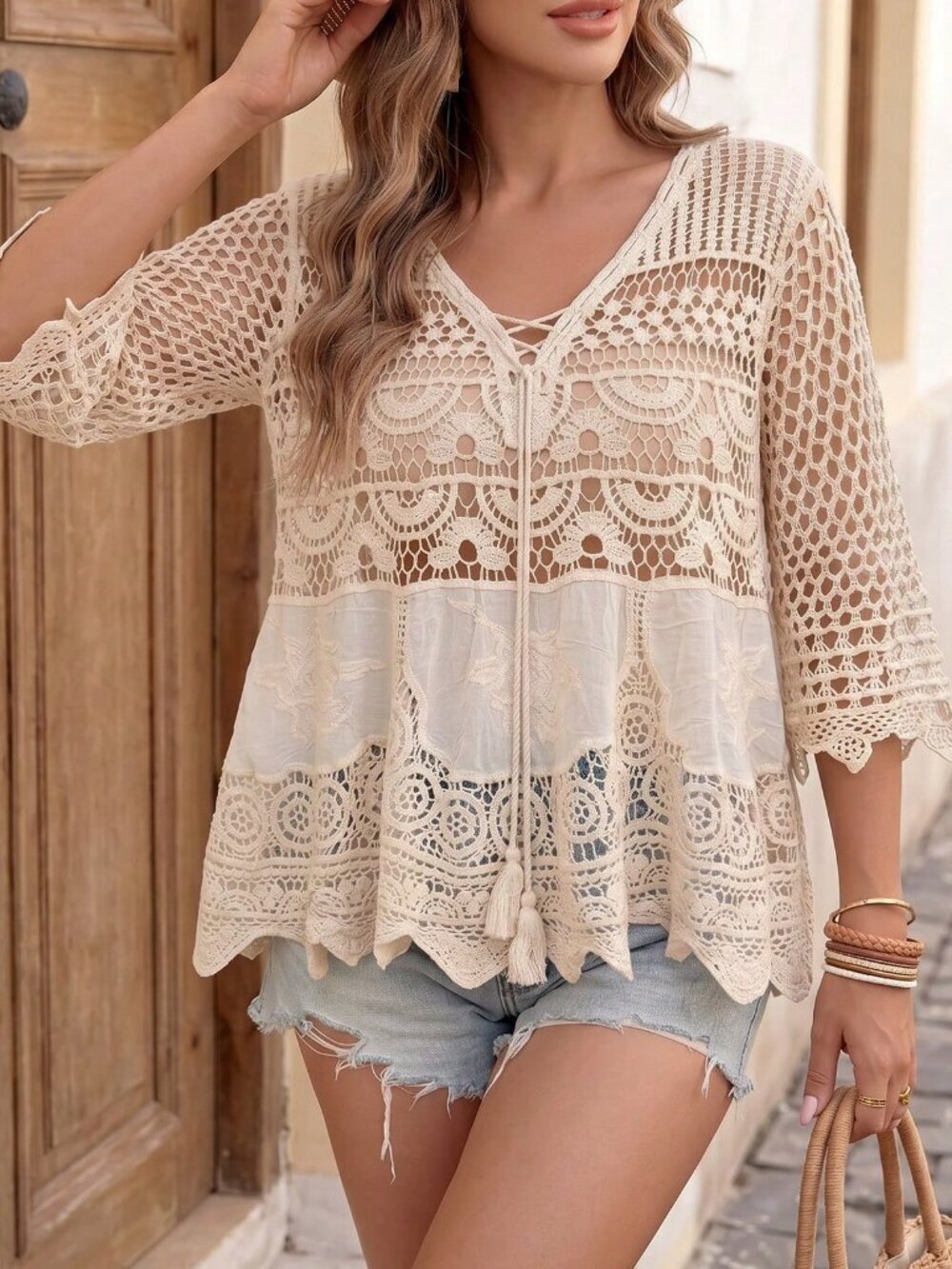 Apricot Casual Women's 3/4 Sleeve Crochet Lace V-Neck Ruffle Hem Cover Up